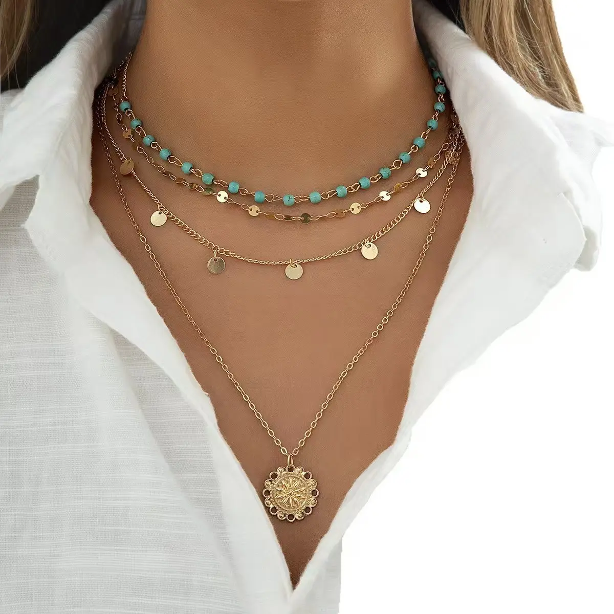 Women's Boho Layered Necklace - Vintage Sunburst Medallion Pendant Turquoise Beaded Sequin Chain Pre-Layered Jewelry For Summer Beach Vacation