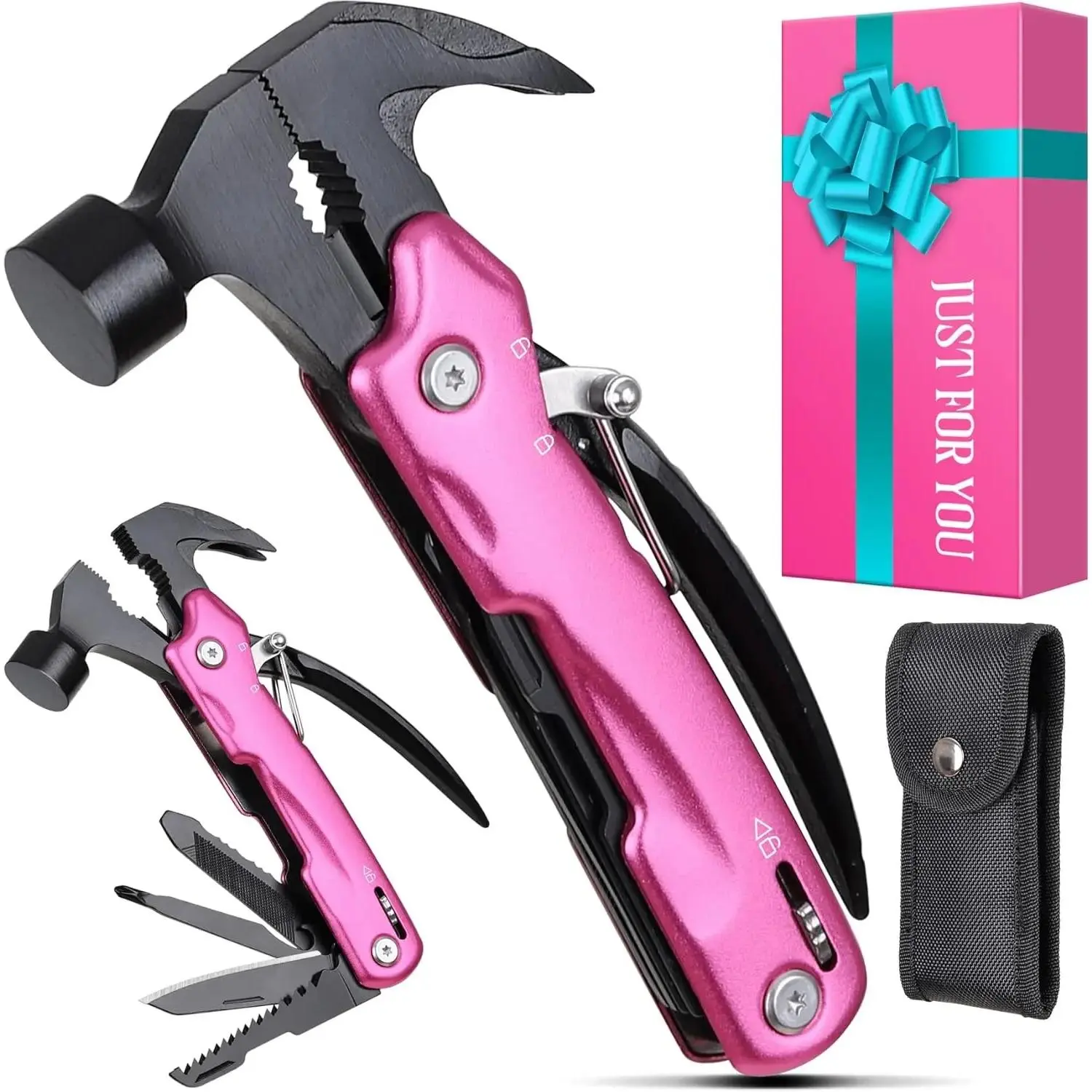 12-in-1 Portable Compact Pink Multitool Hammer, Outdoor Camping Essentials with Screwdrivers, Pliers, Knife, Bottle Opener - Women's Stocking Stuffers, Hiking Gear, Christmas Birthday Gifts for Mom