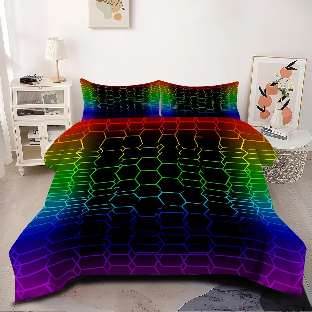 2/3Pcs Rainbow Gradient Honeycomb Print Comforter Set, Black Geometric Hexagonal Bedding Set, Soft and Skin-Friendly Bedding, Suitable for Men'S Bedrooms and Gaming Rooms, All-Season Quilt (Pillow Core Not Included).