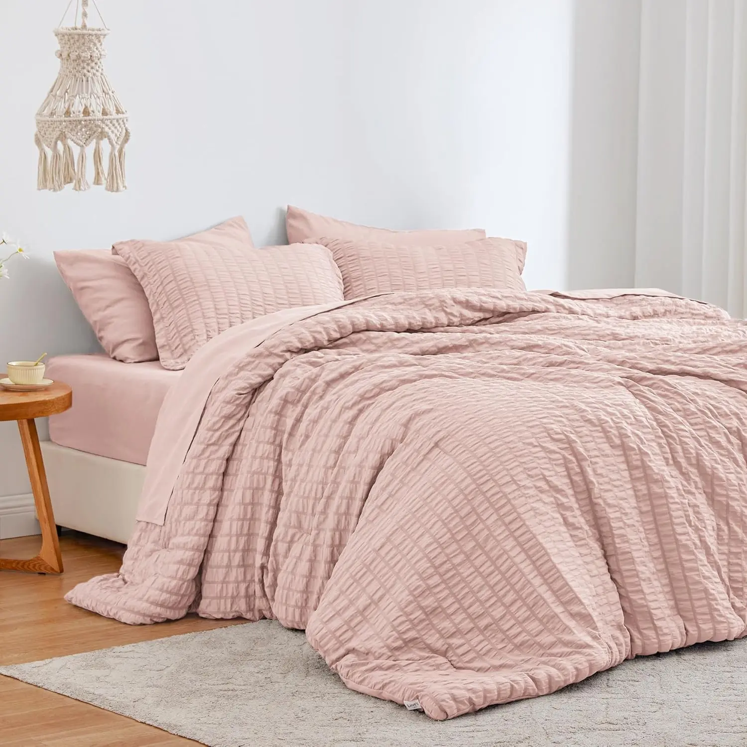 Seersucker Pink Twin Comforter Set, 5-Piece All Season Lightweight Bed in a Bag Bedding Set with Comforter, Flat Sheet, Fitted Sheet, Pillowcase and Sham