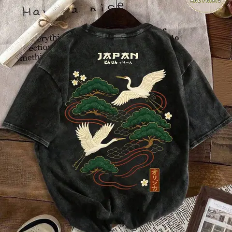 Unisex Oversized Vintage Washed Traditional Japanese Cultural Crane Print T-Shirt, Ukiyo-E Style Pine Tree Top, Casual Daily Wear Essential, Casual Graphic Top