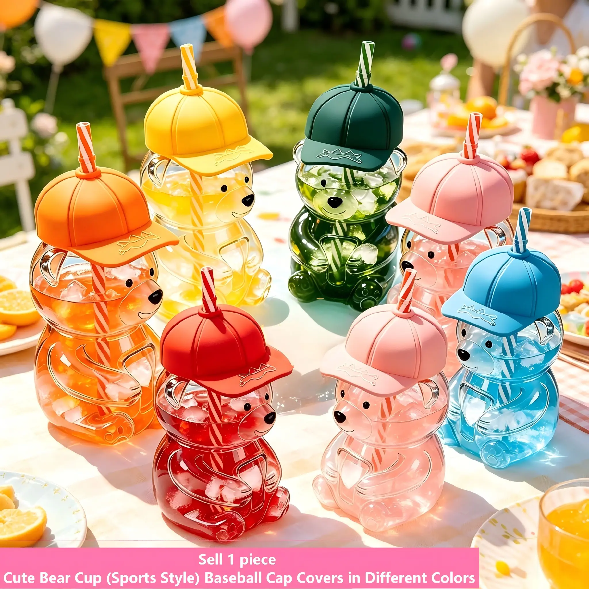 20oz Sporty Bear Straw Glass Cup With Unique Hat Lid, Portable Summer Iced Drink Tumbler, Glass Tumbler With Straw And Lid