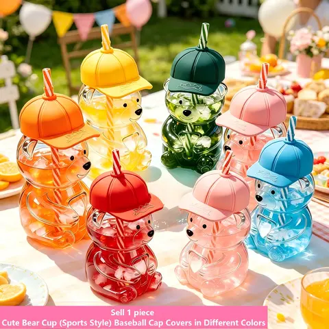 20oz Sporty Bear Straw Glass Cup With Unique Hat Lid, Portable Summer Iced Drink Tumbler, Glass Tumbler With Straw And Lid