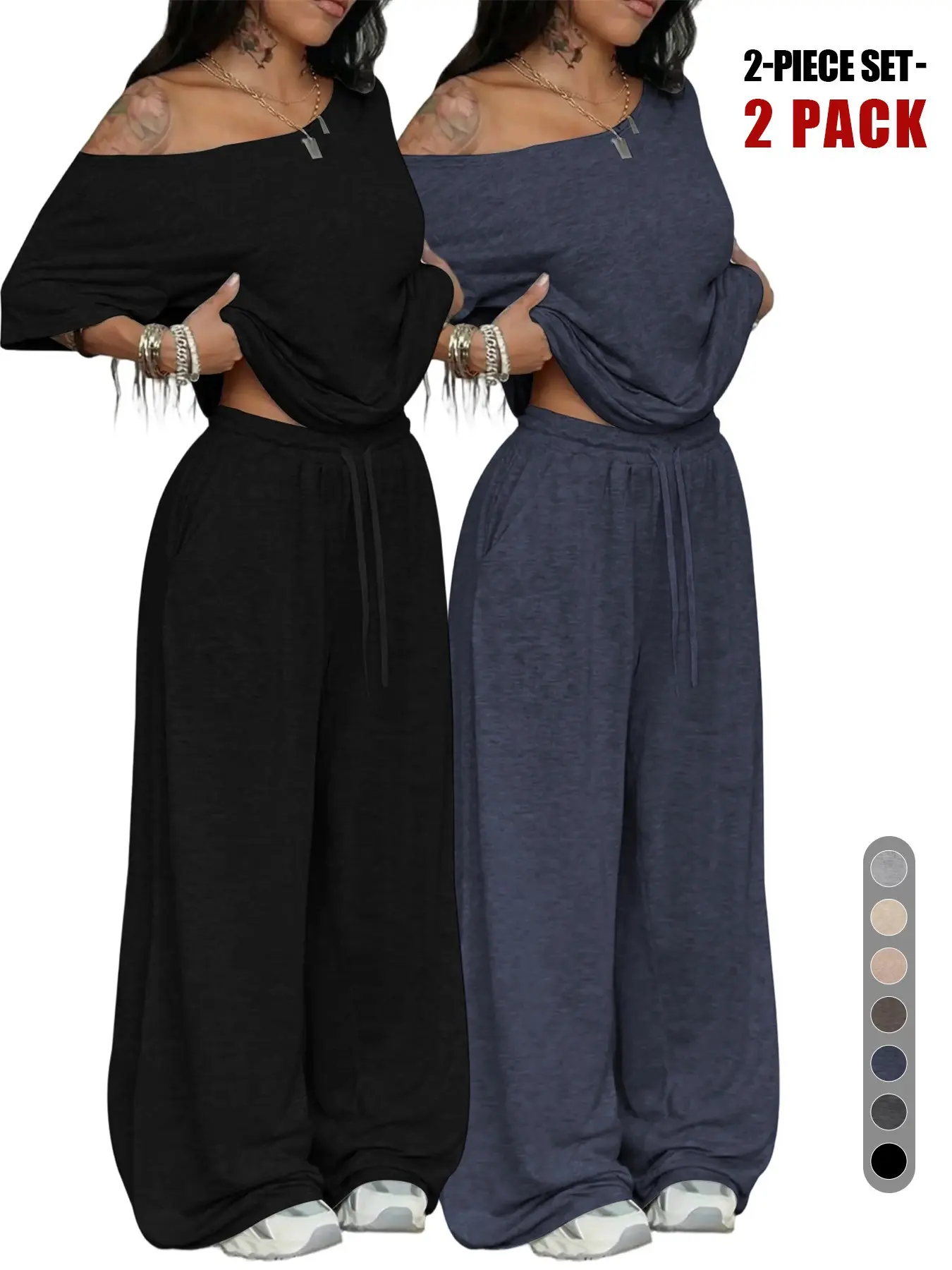 2 Pack Women's Off-Shoulder Pajama Set Nightwear, Oversized Short Sleeve Tee, Wide Leg Drawstring Sweatpants, Casual Street Style Loungewear