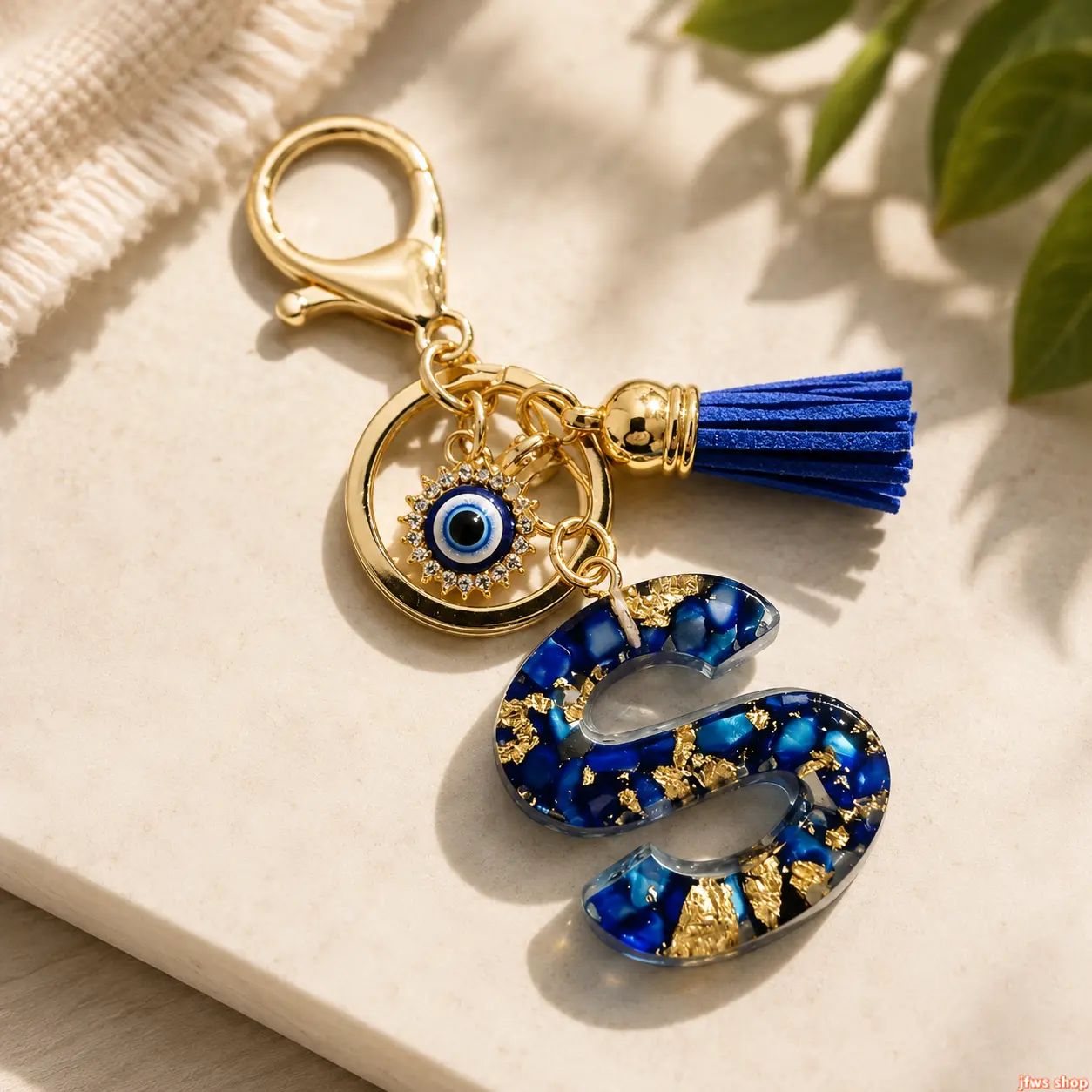 Blue Resin Evil Eye Initial Letter Keychain Tassel Bag Charm Personalized Monogram Protection Keychain Gift for Women tiktokshopbacktoschool
