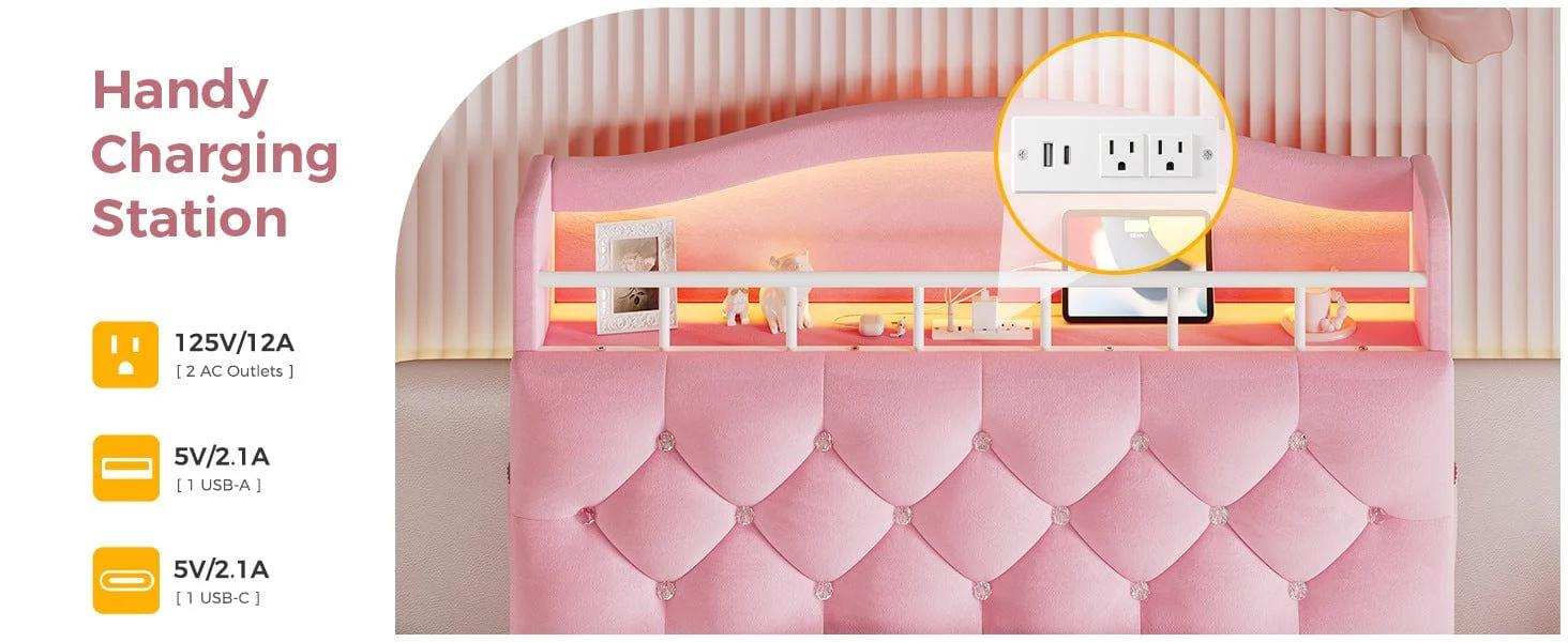 Sikaic Twin Size Princess Velvet Upholstered LED Bed Frame Pink Headboard & Storage Charging Station with RGB Lighting & 2 Outlets for Kids