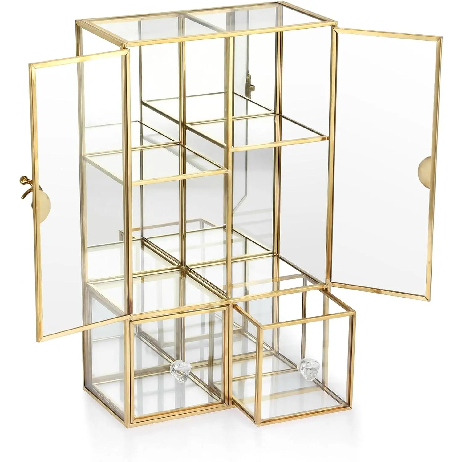 Clear Glass Storage Box with 2 Drawer,  Mirrored  Makeup Display Organizer Case, Decorative Tower Box Storage for Trinket Perfume Lipstick Figure Statue  Display