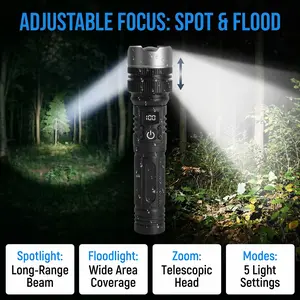 2-in-1 USB Rechargeable Flashlight Power Bank Digital Display X4 Waterproof Zoomable Adjustable Brightness LED for Outdoor Camping Emergency Home Blac
