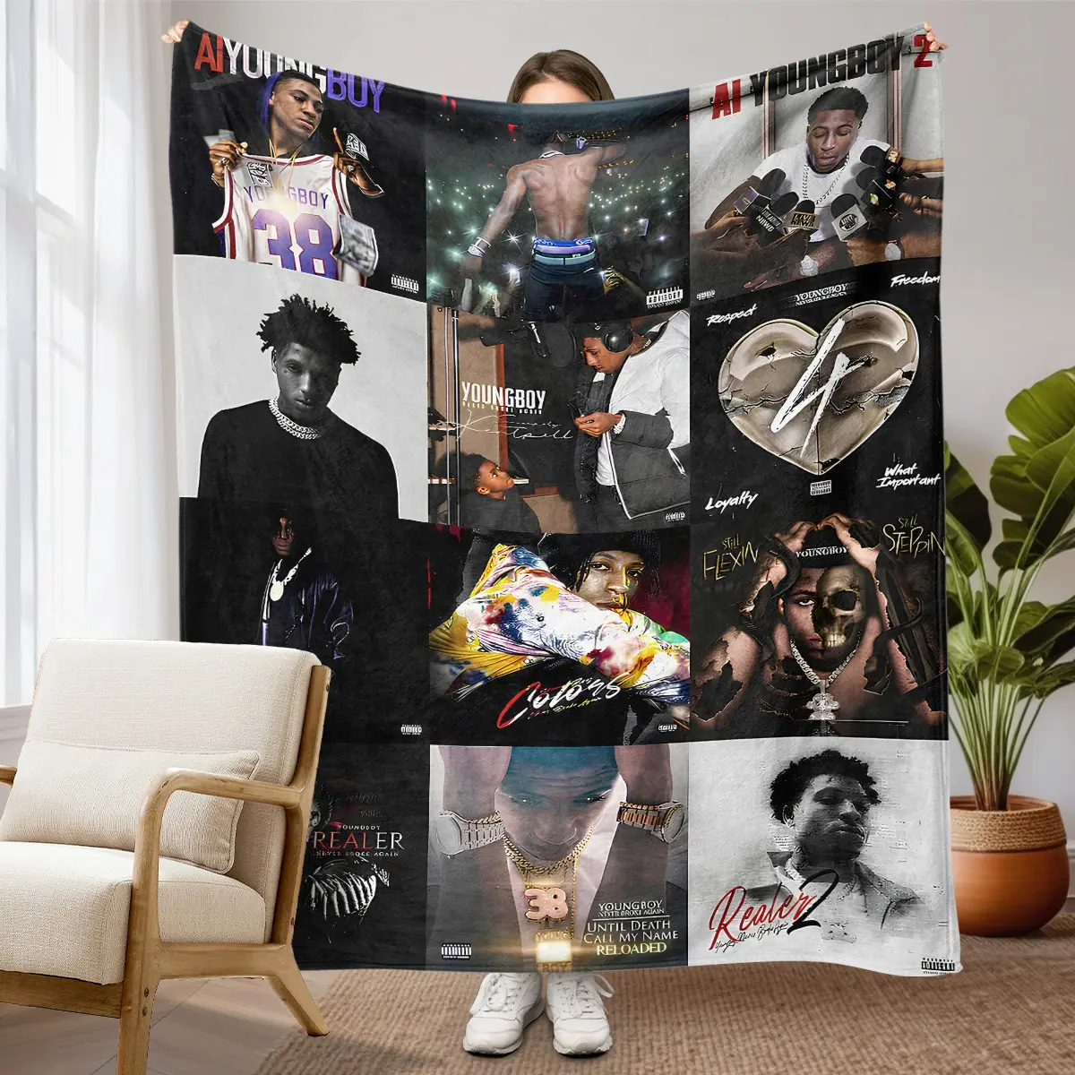 1pc YoungBoy Never Broke Again Album Collage Fleece Blanket, Multi Grid Album Cover Black White Hip Hop Portrait Print, Soft Warm Nap Throw For Sofa, Bed, Office, Camping Trip, Perfect Christmas Gift
