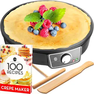 Easy to Use 12 Inch Nonstick Electric Crepe Maker Machine Pancake Griddle with Batter Spreader Wooden Spatula Portable Compact for Crepes Roti Tortilla Blintzes