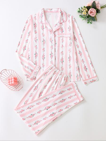 Elegant Floral Pattern Long Sleeve Pajamas Set, Light Button-Up Top and Pants, Casual Fitted Sleepwear, Matching Pyjamas for Spring & Fall