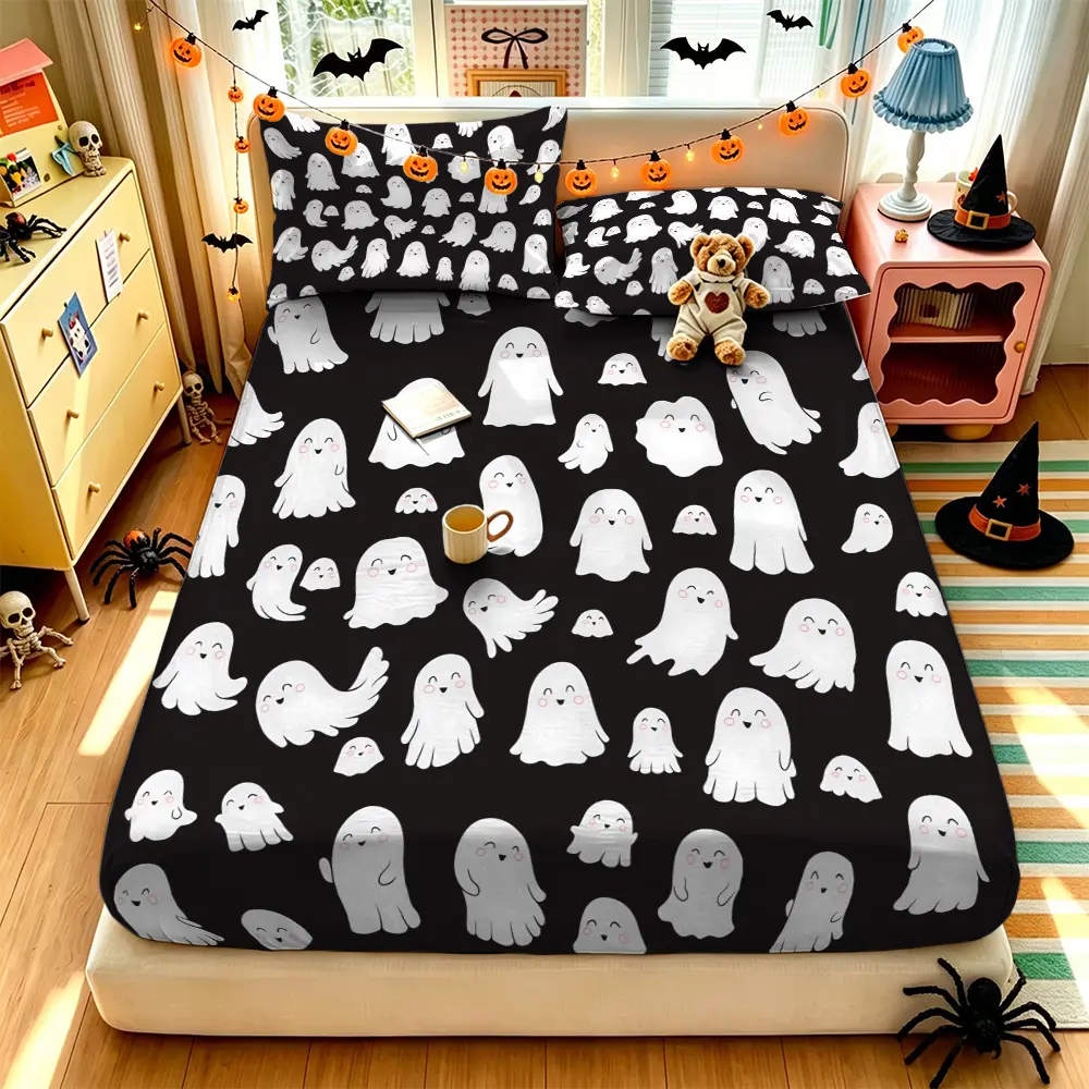 (1 fitted sheet + 2 pillowcases, no filler),Halloween White Ghost Pattern,Fitted Sheet 3-piece bedding set made of soft comfy polyester, machine washable without deformation, great bedding supplies for bedroom and dormitory use