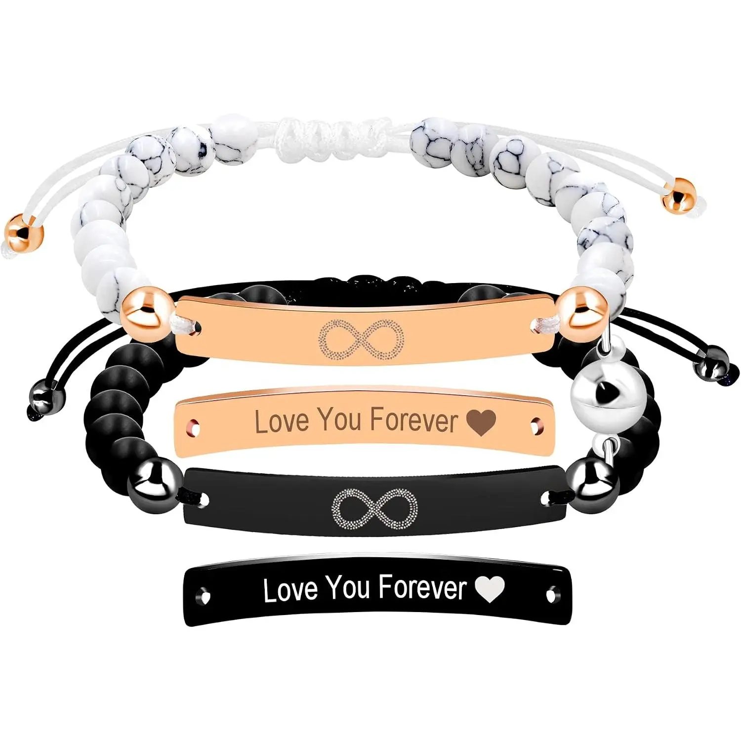 Personalized ID Couple Bracelet, Stainless Steel and  Bead, Custom Engraving  Braided Rope Wrist Bangle for Men Women Friendship, Adjustable,Customized