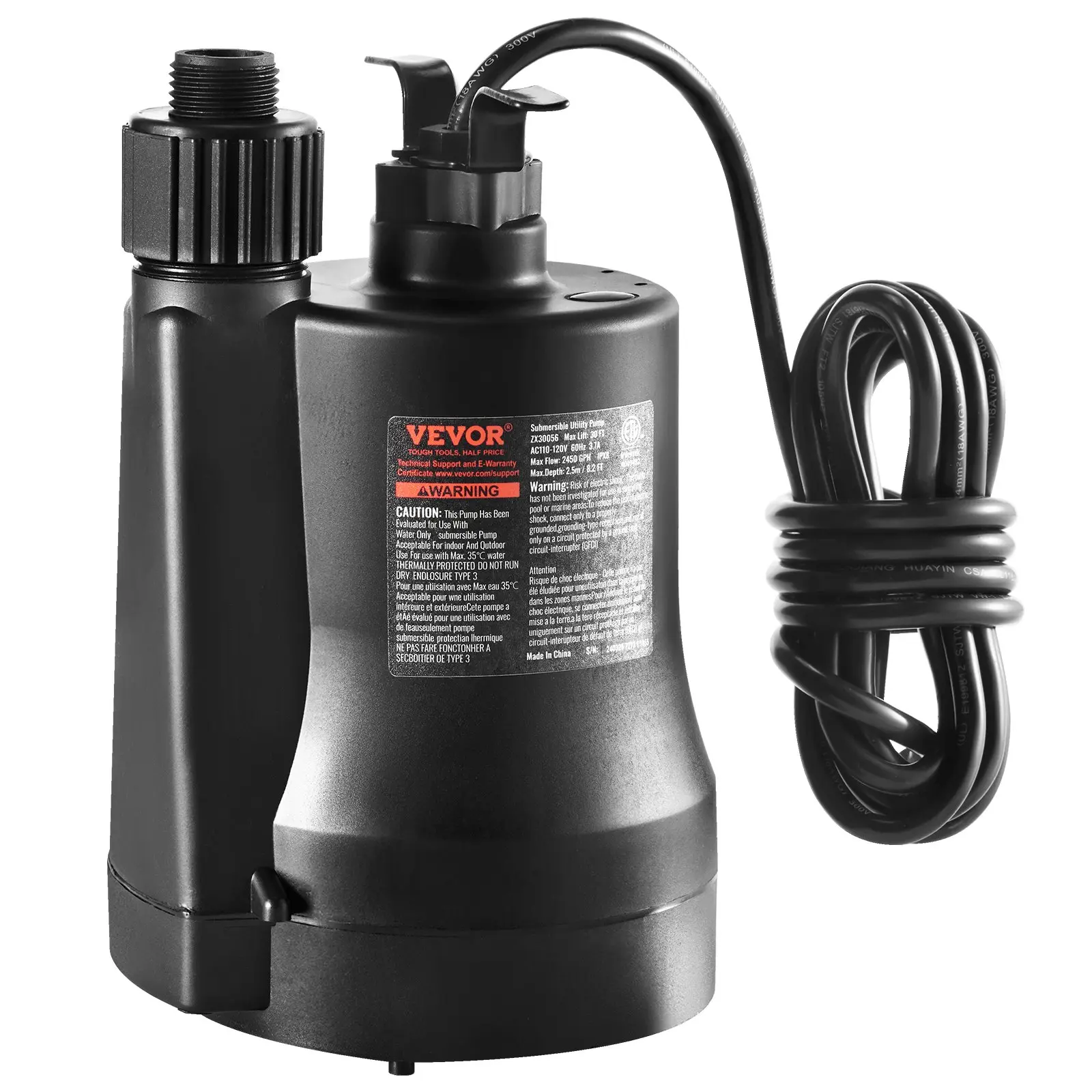 【DealsForYouDays】VEVOR Utility Pump, 1/3 HP, 2450 GPH High Flow, 30 ft Head, Sump Pump Submersible Water Pump Portable Utility Pump with 10 ft Long Power Cord for Draining Water from Swimming Pool Garden Pond Basement
