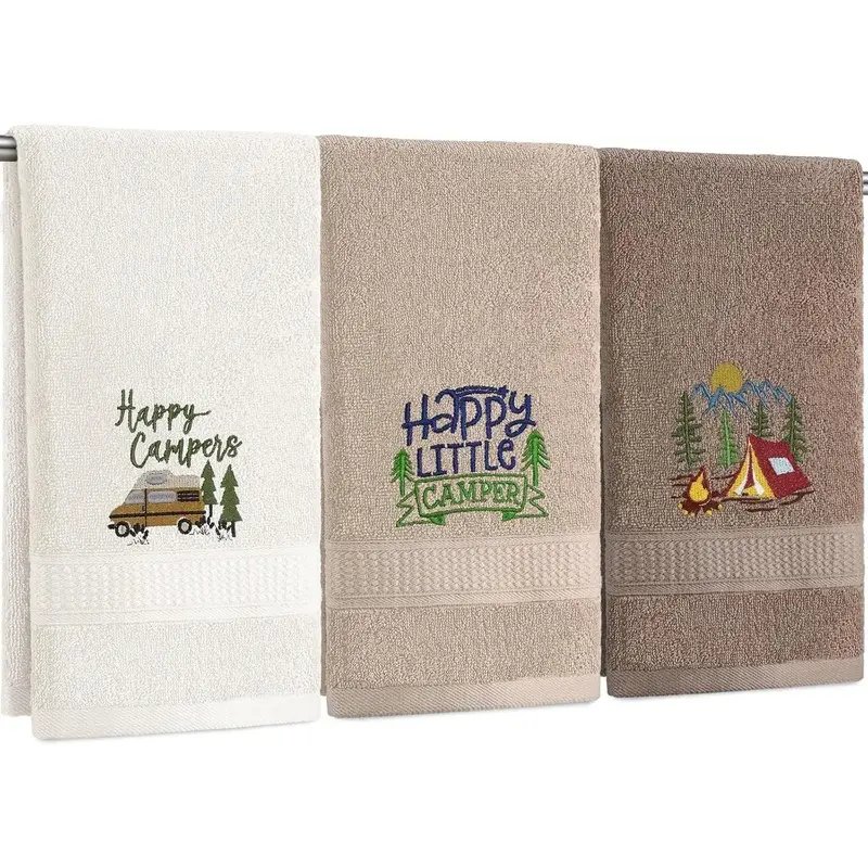 Camping-Themed Cotton Hand Towels Set (3 Count, 14x29 in) - Cozy Farmhouse Decorative Embroidered Towels for Kitchen, Outdoors - Ideal Gifts for Home Use