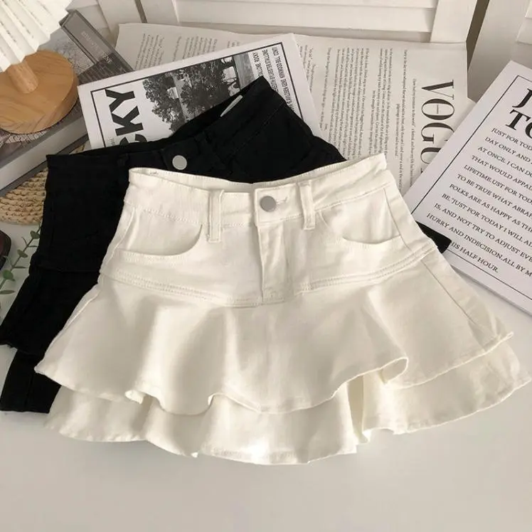 Girls' Korean Look Elastic Waist A-Line Denim Skirt - Double-Layered Ruffled Hem, Solid Color, Machine Washable, Suitable Playdates & Casual Wear, All-Seasons Kids' Skirt, A-Line Cut
