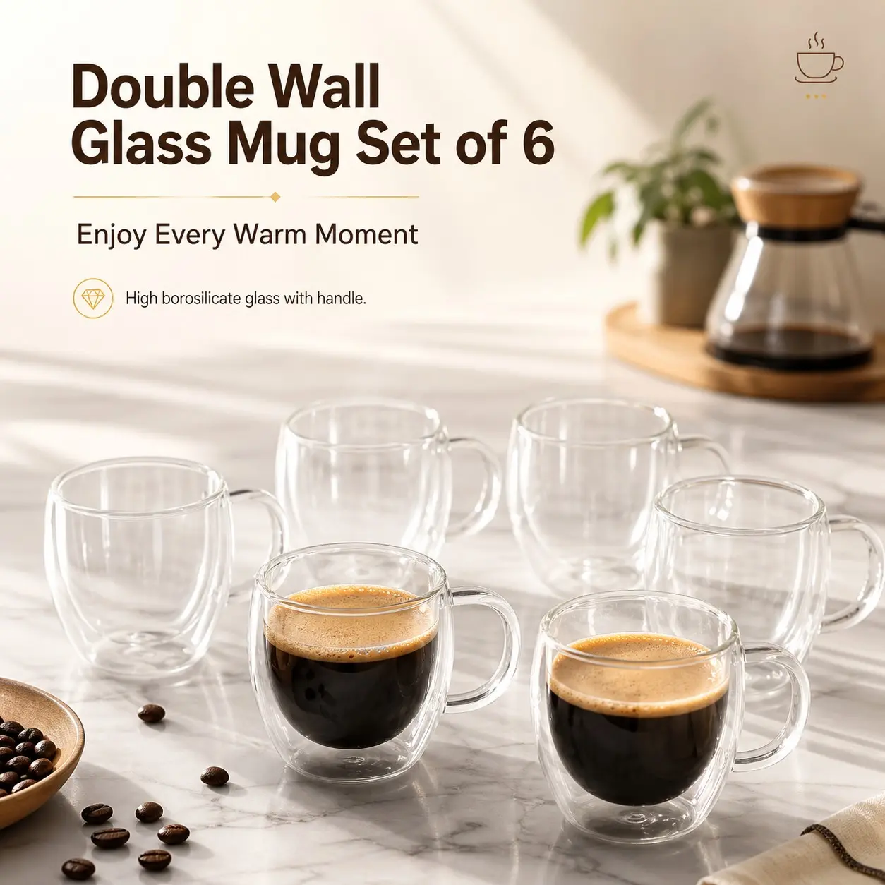 6 Piece Set Double Wall Glass Cups, High Borosilicate Insulated Handle Coffee Cup, Glass Espresso Cups, Transparent Heat Resistant for Latte Cappuccino Tea Milk, Beverage Cup Set