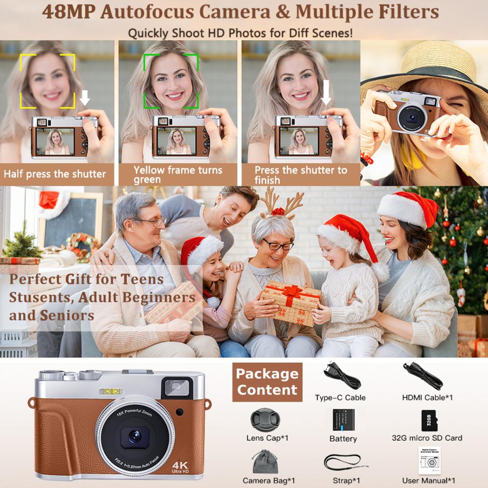 Digital Camera Auto Focus 48MP Vlogging Camera Anti-Shake Video Camera with Viewfinder Flash & Dial