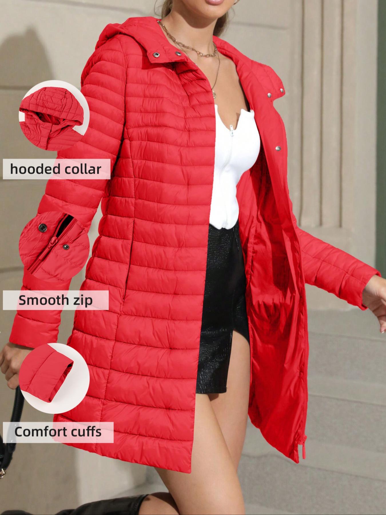 Women's Mid-Length Puffer Coat, Casual Hooded Jacket with Pockets, Fall & Winter Warm Woven Outerwear, Lightweight Thick Fabric