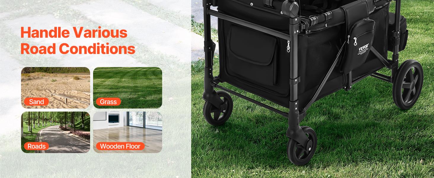 VEVOR  Wagon Stroller for 4 Kids, Push Pull Quad Collapsible Stroller with Adjustable Handle, 5-Point Safety Harness & Removable Canopy, 4-Seater Stroller Wagon for Camping, Black (330LBS Loading)