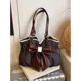 Women's Vintage Polka Dot Tote Gym Bag - Casual Fabric Purse, Double Handle, Large Bow, Vintage Lace Trim, Textured Design, Spacious Handbag, Accessories for Women, Gifts for Adults