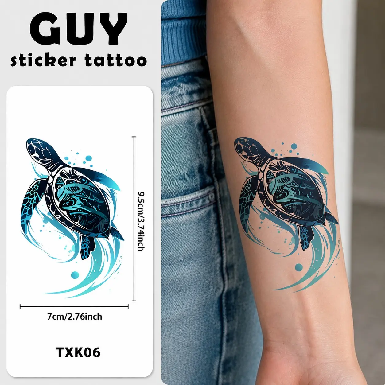 Gradient Blue Watercolor Turtle Tattoo Sticker, Waterproof Long-Lasting Temporary Tattoo, Temporary Tattoo Stickers, Party Style, Arm & Leg, 24 Months Durability
