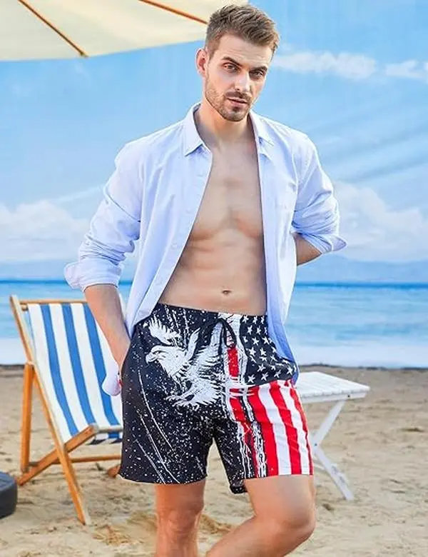 Men's Hawaiian Beach Shorts Flamingo Palm Tree Eagle American Flag Dinosaur Print Swim Trunks with Pockets Tropical Vacation Shorts Quick Dry Summer Board Shorts Casual Beachwear 2XS-6XL Swimwear Shorts Pockets Swimming Shorts