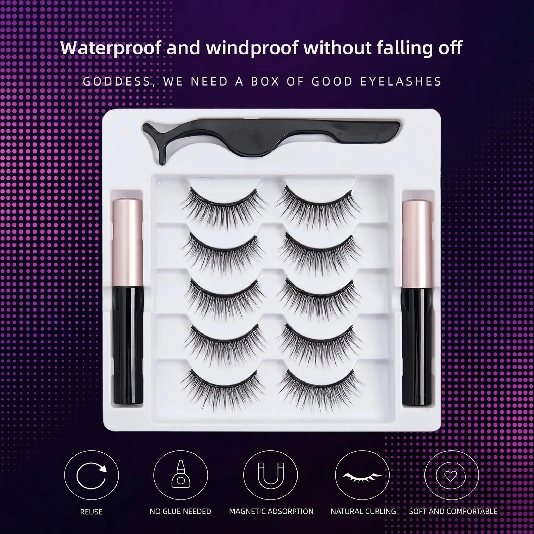 New Five Pairs Magnetic Liquid False Eyelashes, Long and Dense, C Curl, Reusable, No Glue, Easy to Wear, Non-Toxic