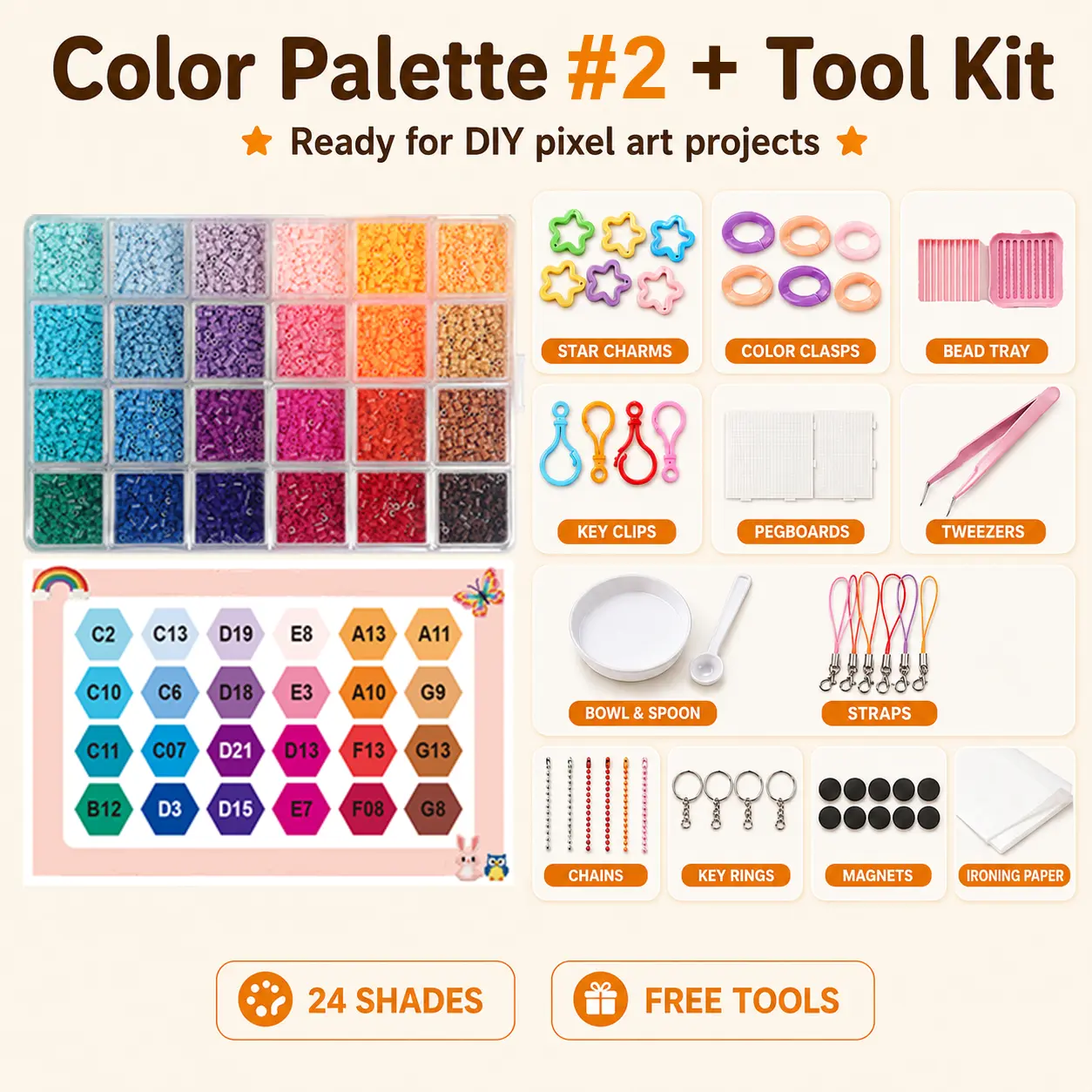 PomCraft Palette #2 Pastel Mini Fuse Beads Set, Soft Tone 2.6mm Pixel Beads with Tool Kit for Aesthetic DIY , Florals, and Cute Decor