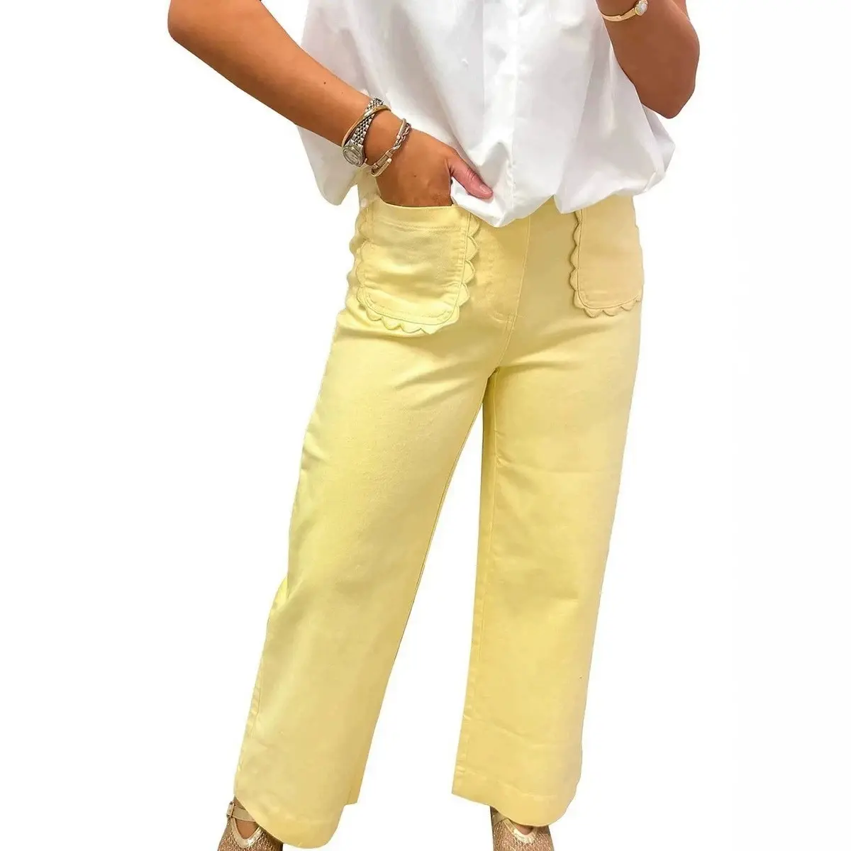 Women's Butter Yellow Wide Leg Pants High Waisted Loose Fit Casual Trousers Trendy Summer Fashion Outfit, Fabric, Feminine, Denim, Comfortable, Jeans