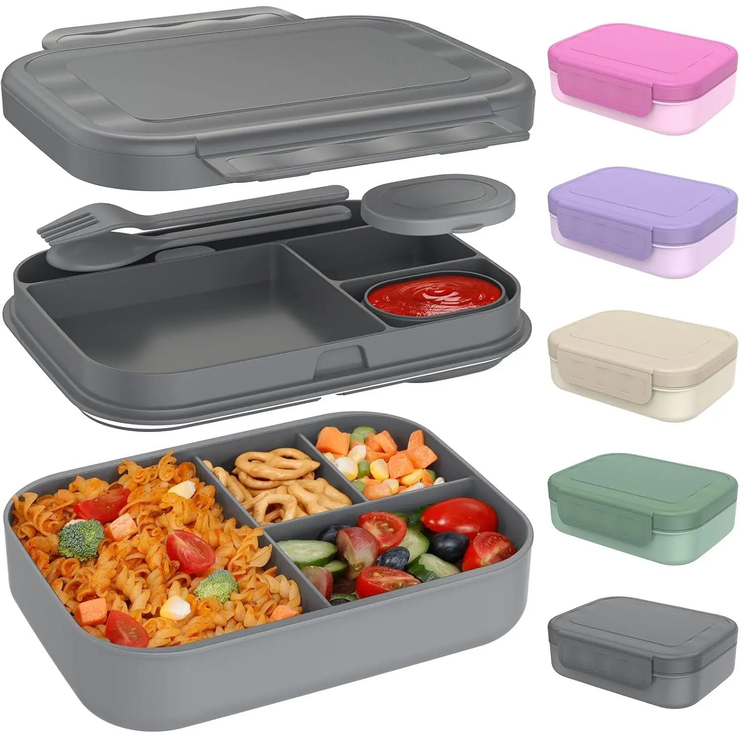 Stackable Bento Lunch Box for Adult & Teens - Reinforced Leak-Proof Lunch Container 4-Compartment with Utensils & Sauce Container, , Dishwasher/Microwave Safe, 47oz (Dark Gray)