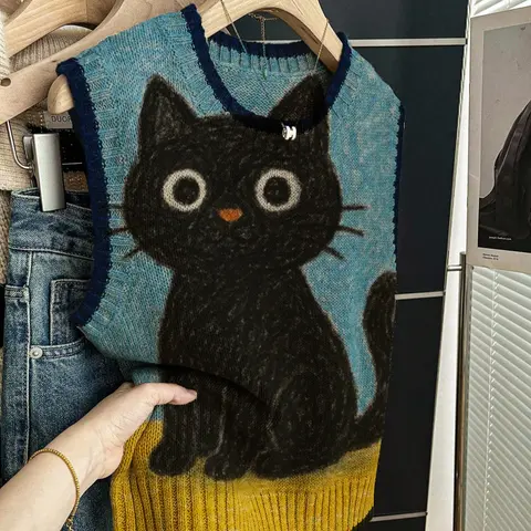 Women's Fitted Knit Top, Cartoon Pattern Design, Casual Style, Blue Color, Perfect for Spring & Fall, Daily Wear, Womenswear, Knitwear, Knitted