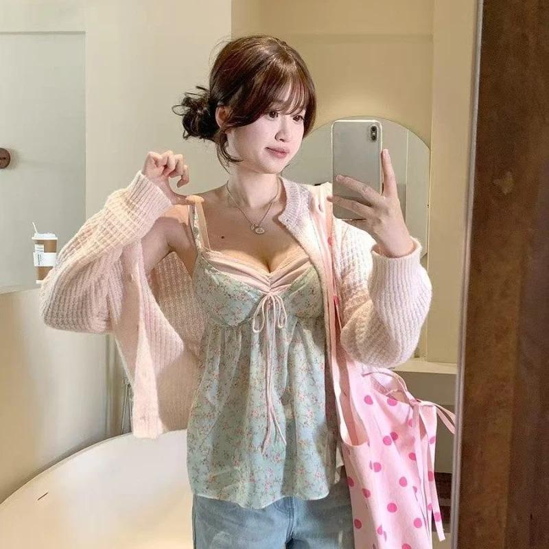 French Floral Fake Two Piece Lace Cami Top Women Summer Slim Fit Sweet Sexy Chic Camis Style Streetwear Fashion Outfit 2026 New