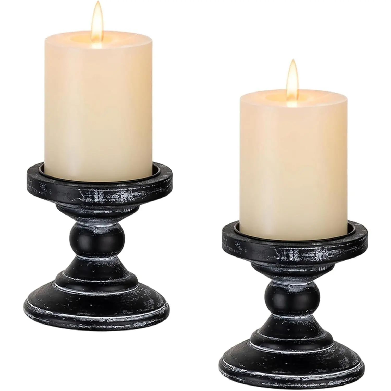 2Pcs Rustic Black Distressed Large Wood Pillar Candle Holders Wooden Farmhouse for Fireplace Table, Room Decor, Wall Decor