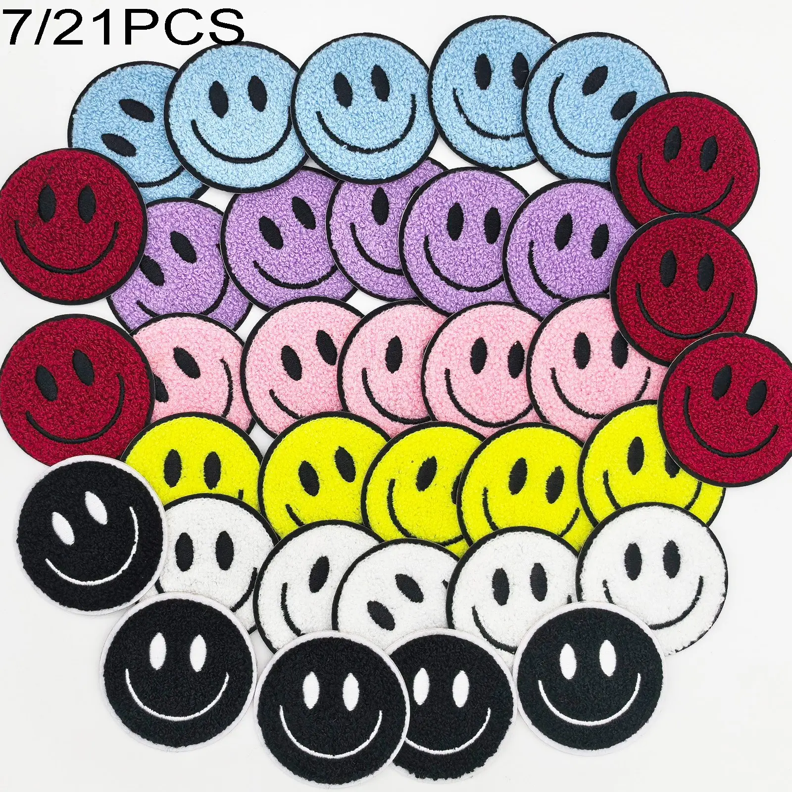 21pcs Colorful Smiley Face Chenille Patch, Self Adhesive Patch No Iron On, Smile Emoji Fabric Applique Sticker, DIY Clothing Decor Patches, Fun, for Hats, Bags, Jackets, Backpacks, Headband, Craft Accessories