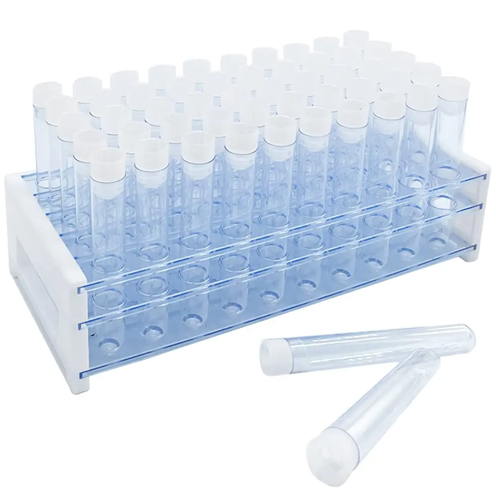 50Pcs 10ml Clear Plastic Test Tubes with Rack,16 x 100mm Tube with Caps and 50 Holes Tubes Rack,Test Tube Set for Scientific Experiments,Candy,Beads,Liquid Storage,Party Decor