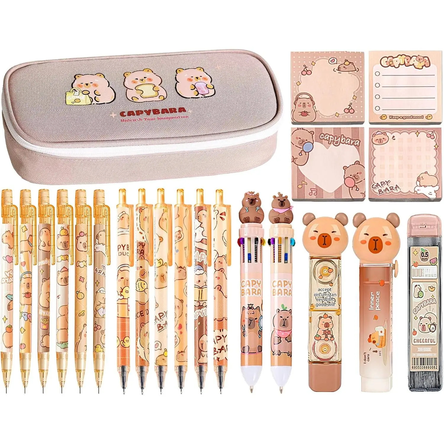 Cute Capybara Stationery Set, Kawaii School Supplies  for Students | Includes Capybara Eraser, Mechanical Pencils, Correction Tape, Pencil Holder and Gel Pens for School and Office.