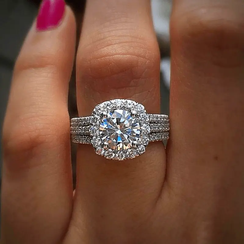 Women's 1.5CT Center Synthetic Cubic Zirconia Engagement Ring - 4-Prong Cushion Double Halo, Triple Micro Pave 3-Row Band, White Gold-Plated Copper Base, Nickel-Free Luxury Look Jewelry Gift for Wedding Valentine’s Day