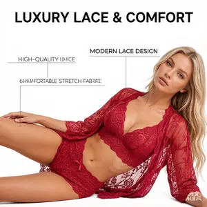 Lace Lingerie Set for Women - 3PC Sexy Bra & Panties with Robe |   See-Through Floral Design |   Comfortable Babydoll Nightgown for Bedroom & Date Night |   Soft & Breathable