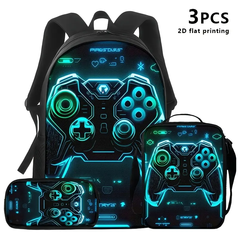 [Game-Themed Print] 1pc/3pcs Glowing Game Controller Backpack |   Tech-Savvy Design for School, Travel, Daily Use # backto school # Backpack set # school gifts # girls gifts #   boys gifts # birthday gifts, 17in Bookpack