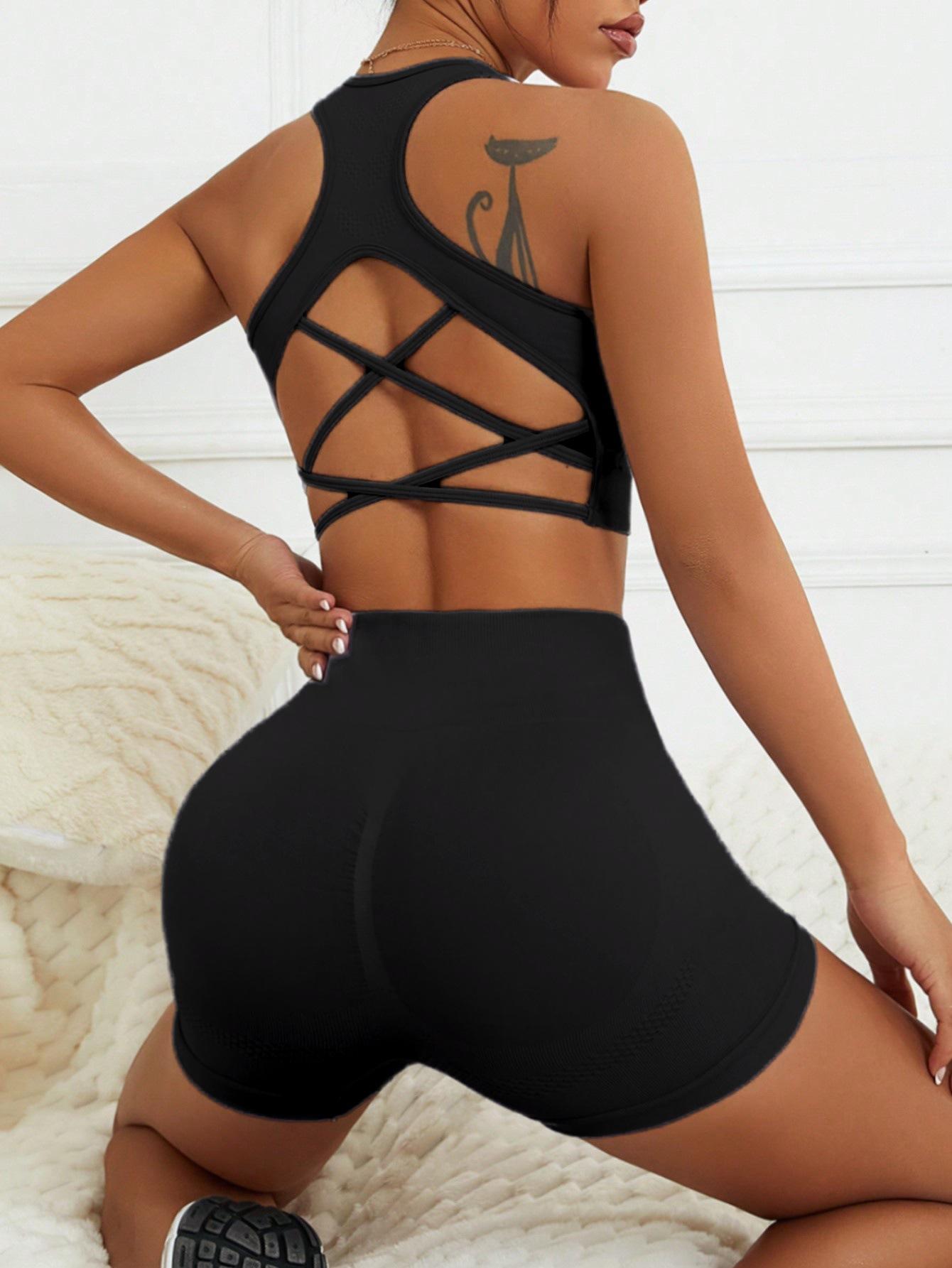 New cross-back sports fitness running high-waisted shorts yoga outfit set with a cross-back design