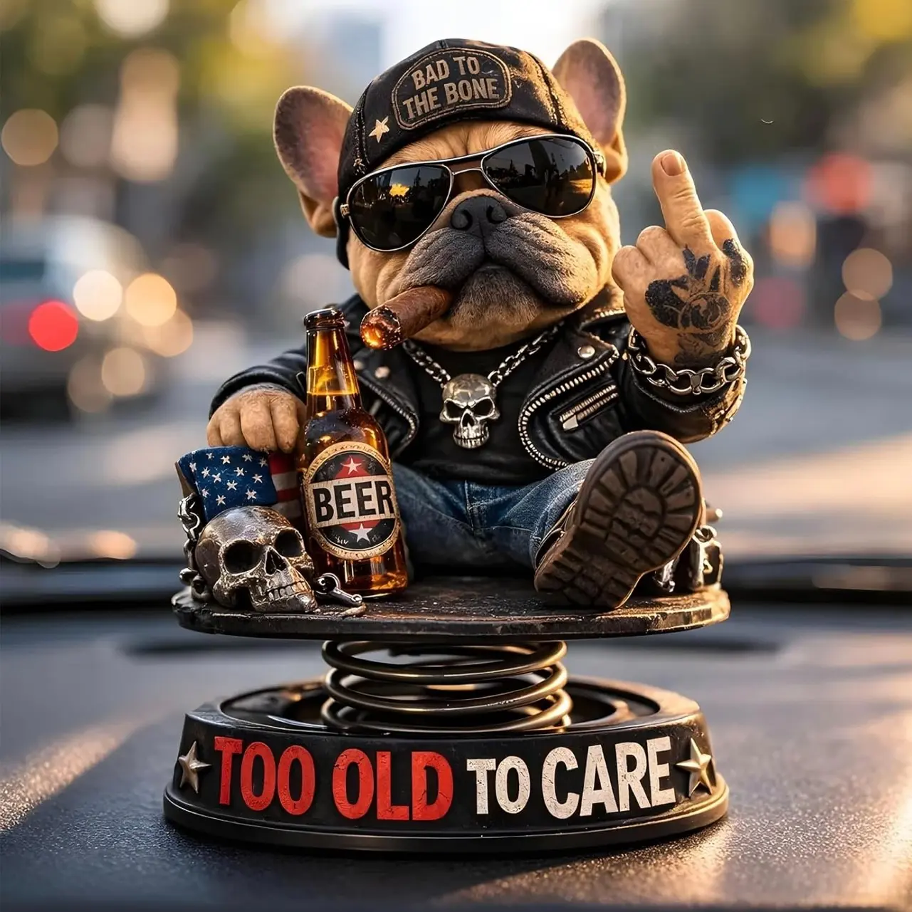 Funny Dog Car Dashboard Decor, American Hardcore Motorcycle Bulldog Figurine, Humorous Desk Ornament, Father's Day Gift Idea, Car Dashboard Decoration