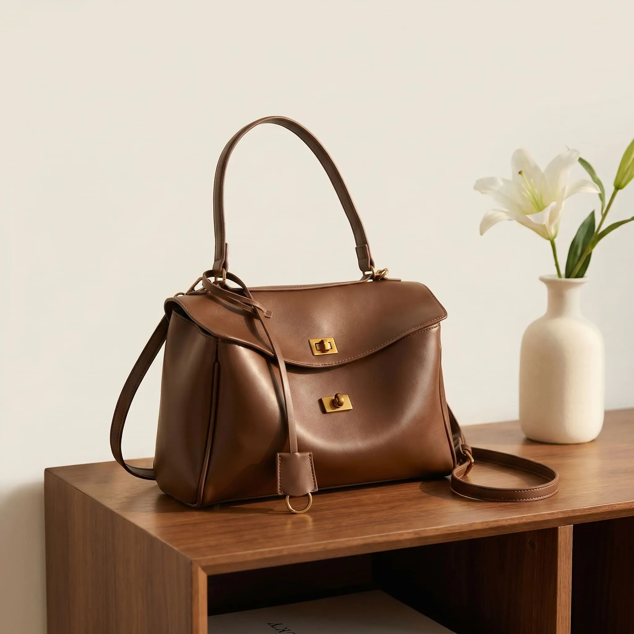 Women's Structured Vegan Leather Satchel Flap Bag - Premium Top Handle Shoulder Bag, Elegant Daily Commute Everyday Purse, Quiet Luxury Underarm Tote for Work, Daily Commute Bag