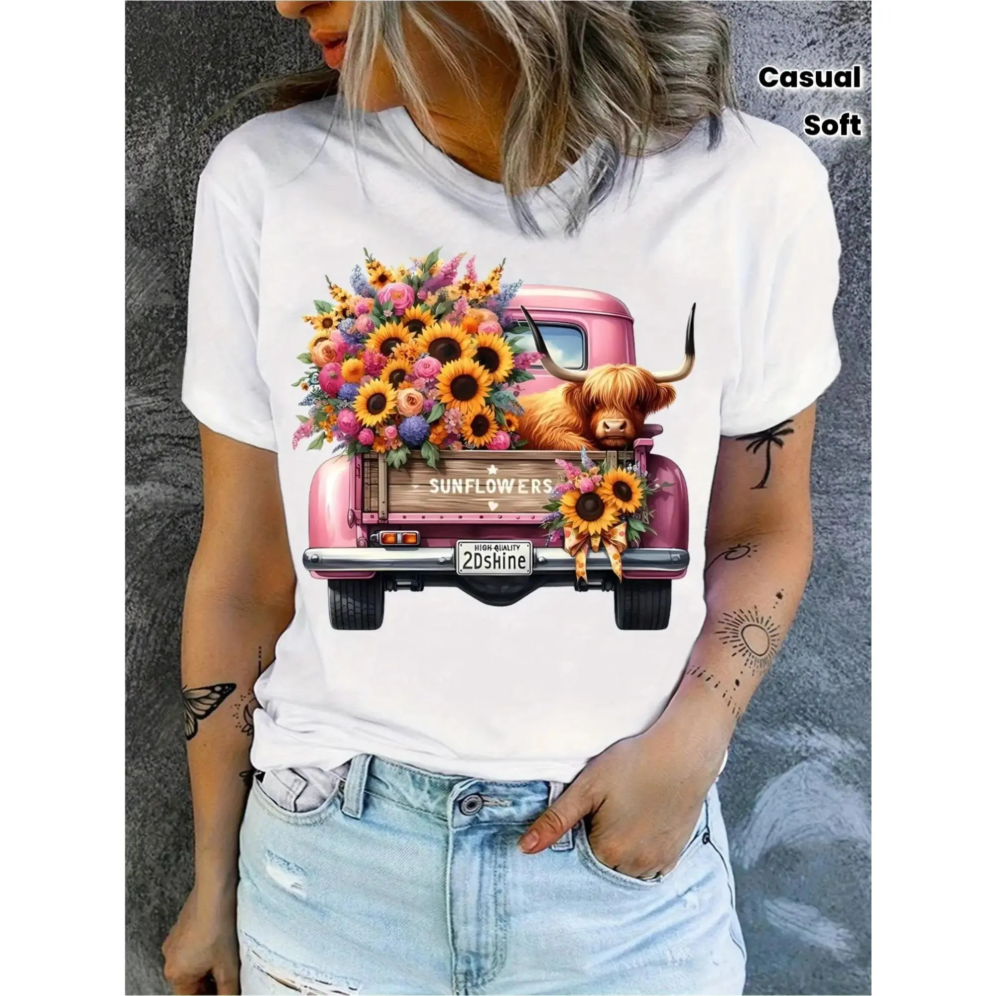 Wo Fun Scottish Cow and Sunflowers Farm T-Shirt - Highland Cattle Sitting in Pink Pickup Truck Print, Soft Round Neck Casual Summer Tee for Scottish Cow Lovers, Scottish Heritage Apparel, Birthday or Valentine's Gift Idea, Vibrant Floral Design