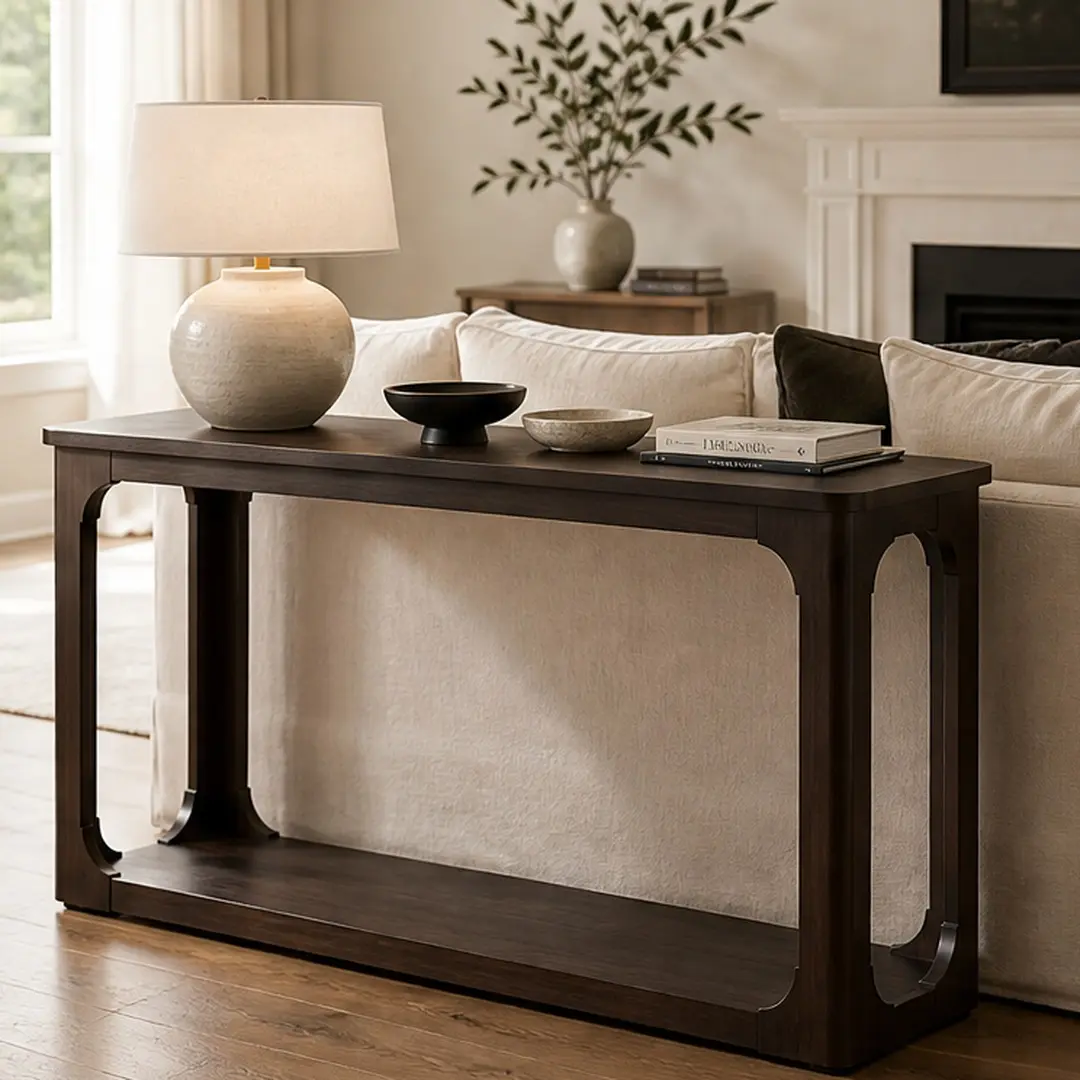 55" Espresso Curved Corner Dark Wood Console & Sofa Table - Open Arch Cutouts, Solid Pine Legs, MDF Veneer, Sturdy Bottom Shelf, Transitional Pick for Living Room/Hallway, MDF/Pine Build, Console Table Styling, Curved Corner Console & Sofa Tables