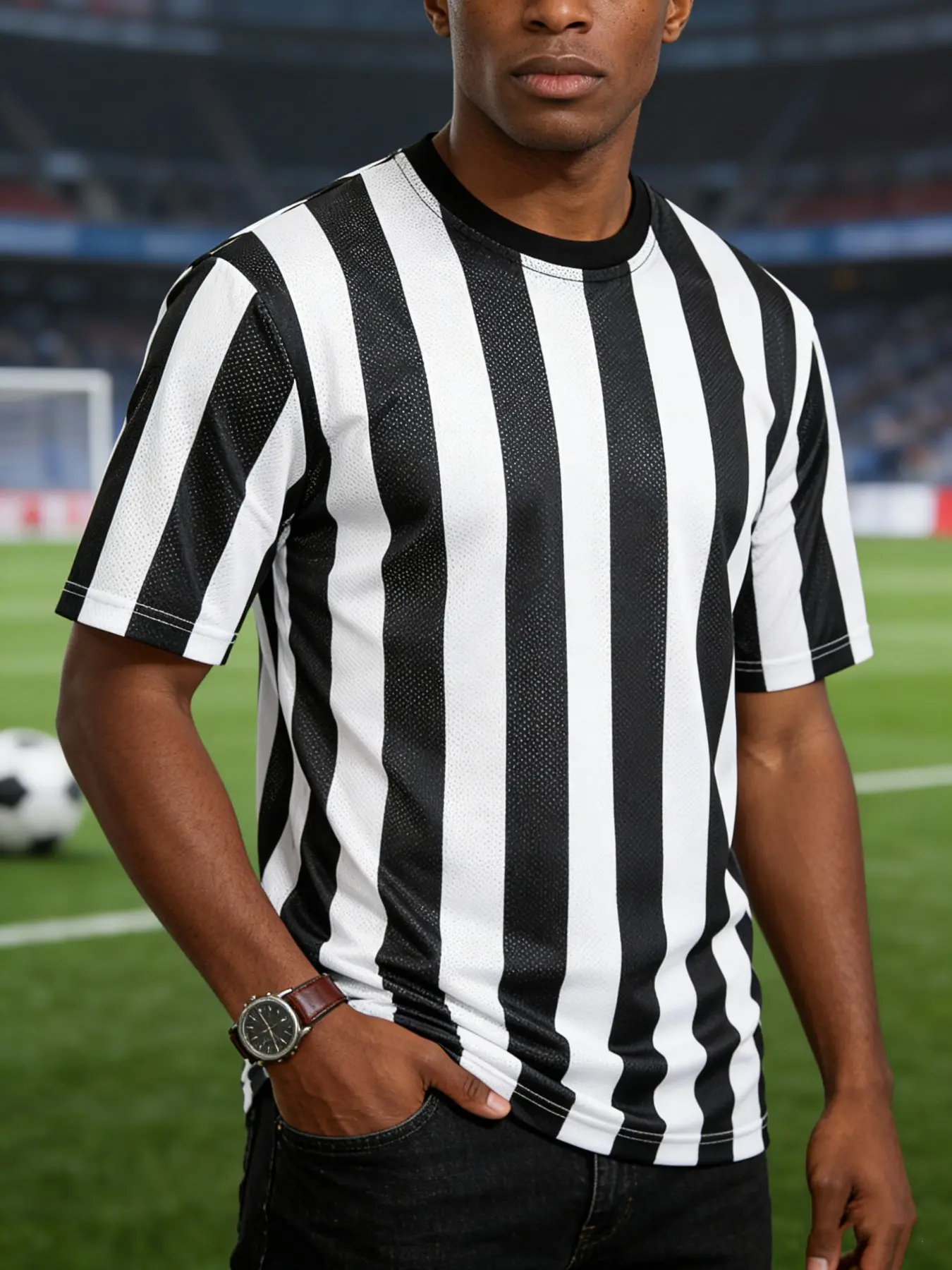 Men's Striped Referee T-Shirt, Breathable Lightweight Top, Short Sleeve Mesh Umpire Uniform, Breathable Sports Wear, Ideal for Sports Work Events, Comfortable and Durable Design