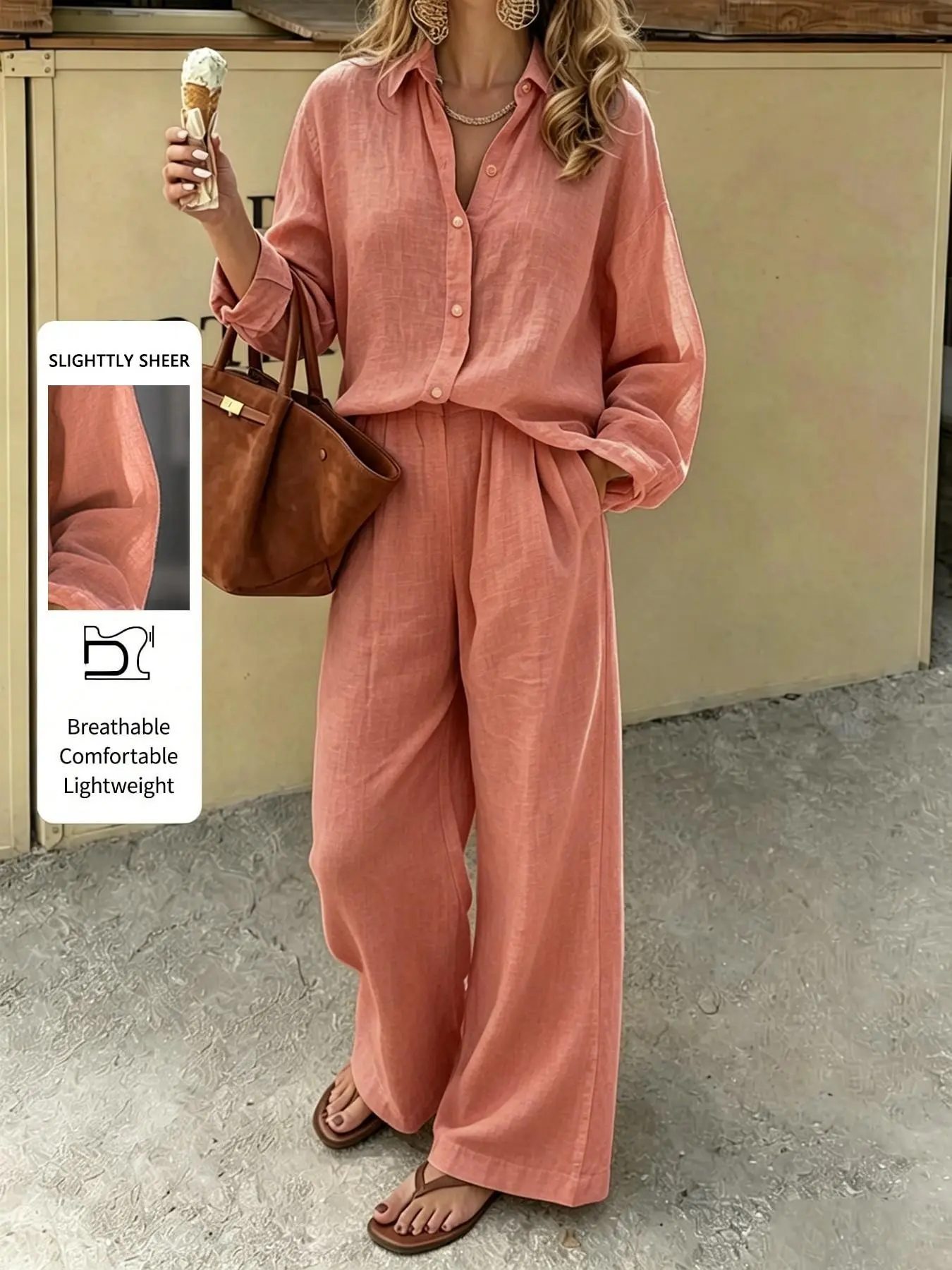 Women's two-piece set, Minimalist loungewear set, loose long-sleeve shirt, high-waist wide-leg pants, lightweight breathable, comfortable fit, minimalist summer vacation outfit, everyday street casual wear, suitable for travel and beach wear