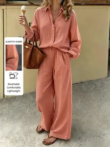 Women's two-piece set, Minimalist loungewear set, loose long-sleeve shirt, high-waist wide-leg pants, lightweight breathable, comfortable fit, minimalist summer vacation outfit, everyday street casual wear, suitable for travel and beach wear