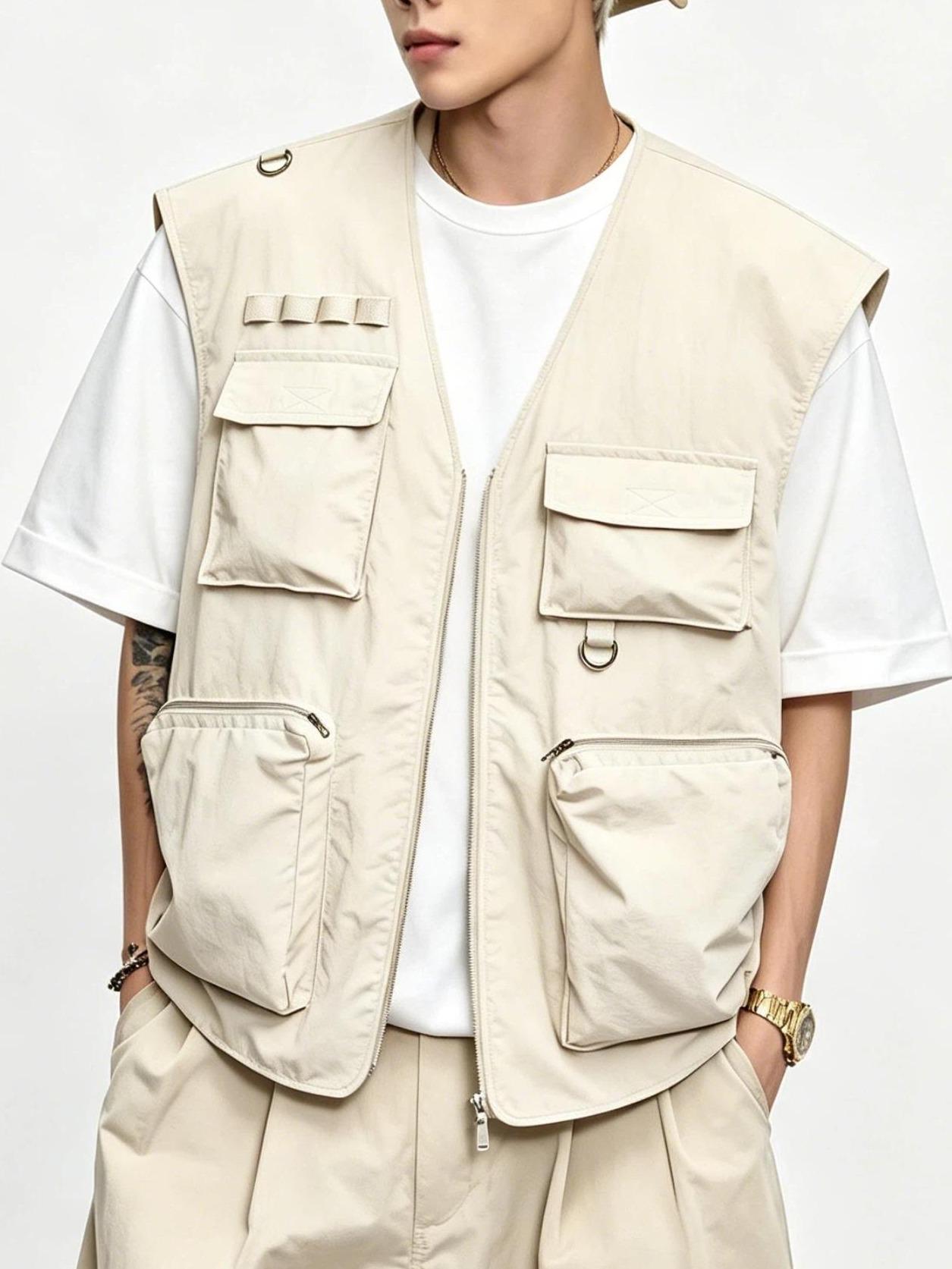 Men's Lightweight Tactical Waistcoat - Casual Polyester Slim-Fit Sleeveless Outerwear with Multi-Pockets, Zip-Up Closure for Outdoor, Streetwear Menswear Tops