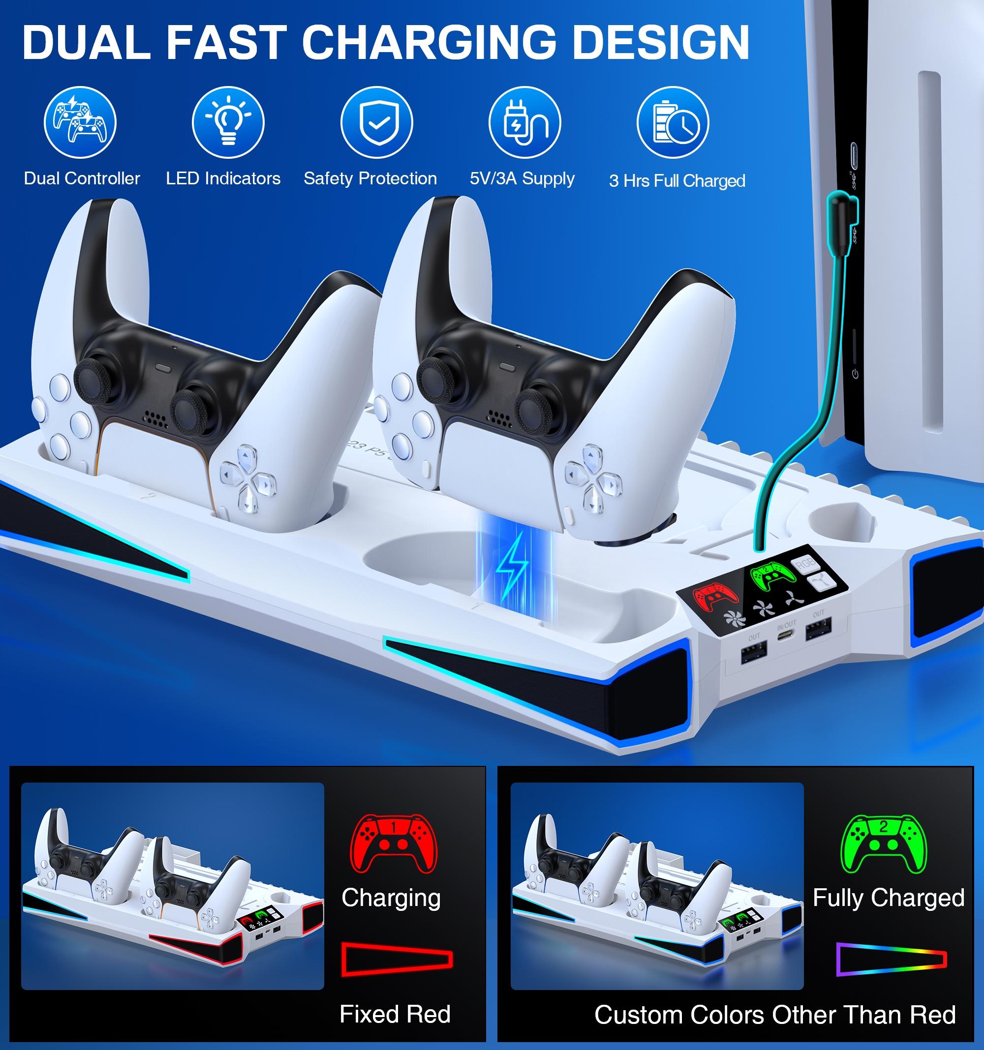 PS5 / PS5 Slim Cooling Station with Dual Controller Charging Station for PS5 Console, with Controller Charger, Cooling Fan, Headset Holder, 3 USB Hub